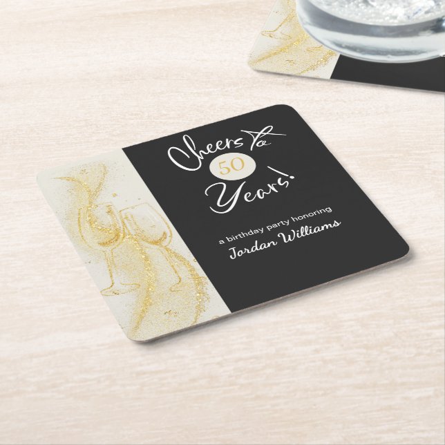 Posavasos Cuadrado De Papel Elegant Gold Grey Cheers to 50 Years Birthday (En perspectiva)