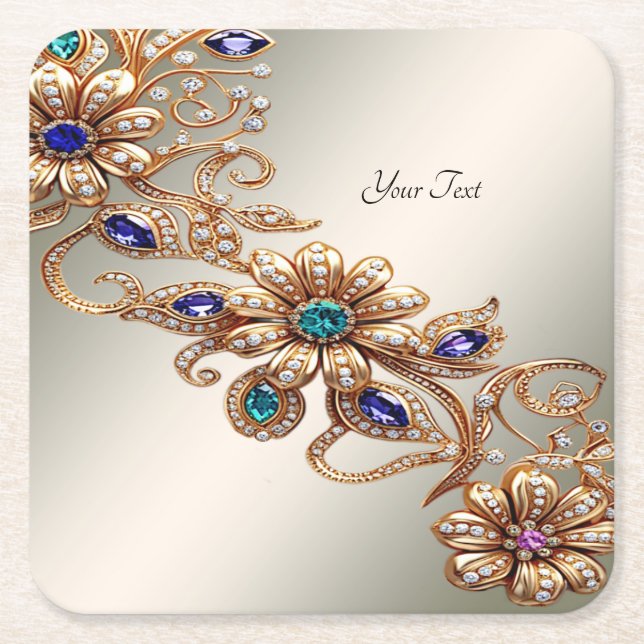 Posavasos Cuadrado De Papel Elegant Gold Jewel Flowers Paper Coaster (Anverso)