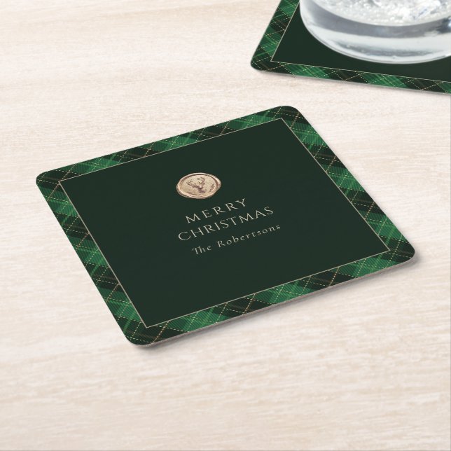 Posavasos Cuadrado De Papel Elegant Green Plaid Merry Christmas  (En perspectiva)