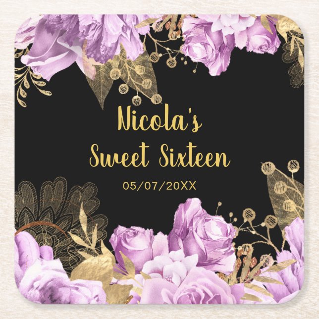Posavasos Cuadrado De Papel Elegant Lilac and Gold Flowers Sweet Sixteen (Anverso)