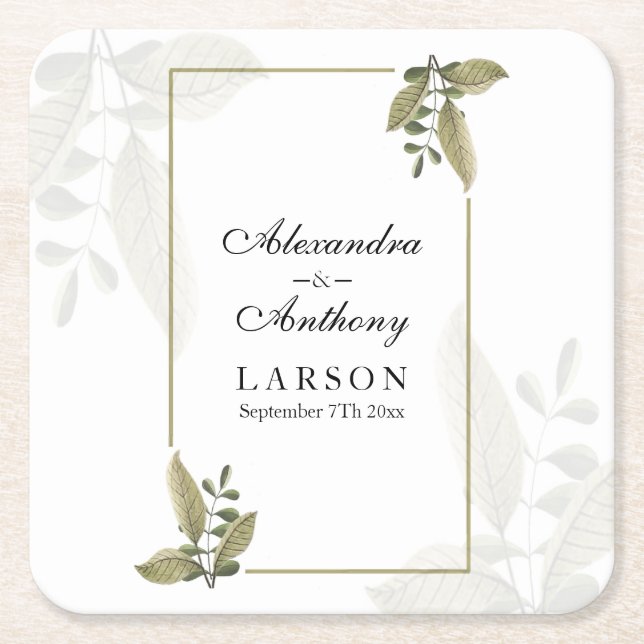 Posavasos Cuadrado De Papel Elegant Minimalist Greenery Wedding  (Anverso)