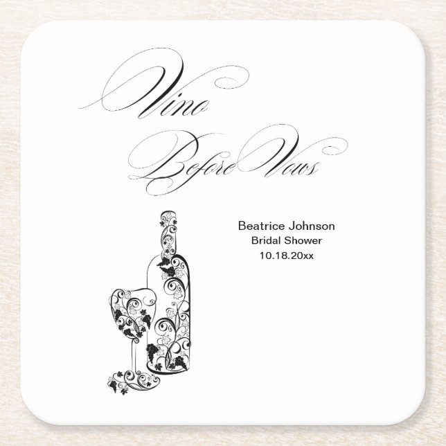 Posavasos Cuadrado De Papel Elegant Minimalist Vino Before Vows Bridal Shower (Anverso)