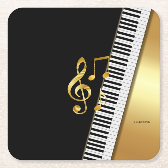 Posavasos Cuadrado De Papel Elegant Modern Black Gold Music Notes,Piano Keys (Anverso)