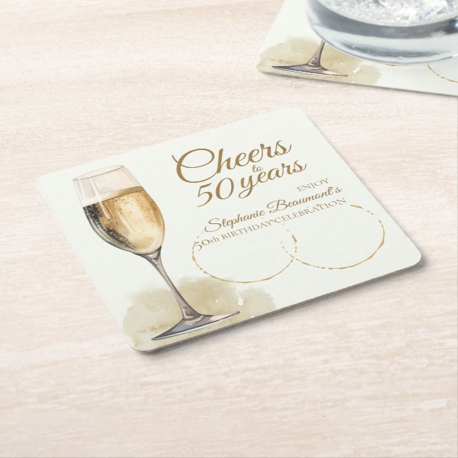 Posavasos Cuadrado De Papel Elegant Modern Champagne Cheers 50th Birthday (En perspectiva)