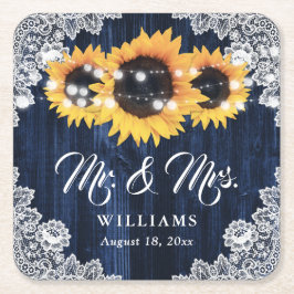 Posavasos Cuadrado De Papel Elegant Navy Blue Wood Lace Sunflower Wedding