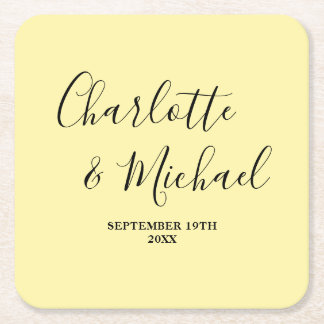 Posavasos Cuadrado De Papel Elegant Pale Yellow Script Minimalist Wedding