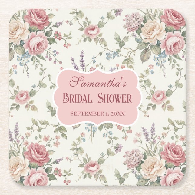 Posavasos Cuadrado De Papel Elegant Pastel Roses Shabby Chic Bridal Shower (Anverso)