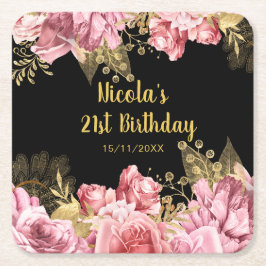 Posavasos Cuadrado De Papel Elegant Pink and Gold Flowers Birthday Party 