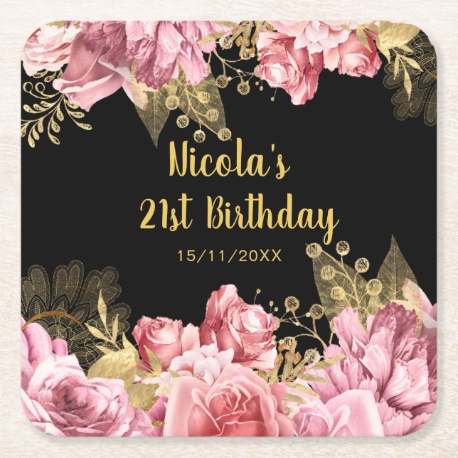 Posavasos Cuadrado De Papel Elegant Pink and Gold Flowers Birthday Party  (Anverso)
