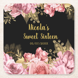 Posavasos Cuadrado De Papel Elegant Pink and Gold Flowers Sweet Sixteen 