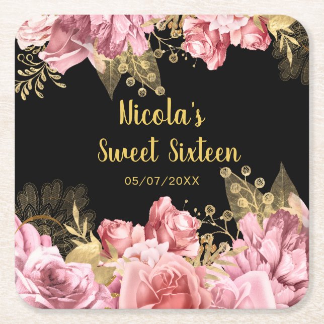 Posavasos Cuadrado De Papel Elegant Pink and Gold Flowers Sweet Sixteen  (Anverso)