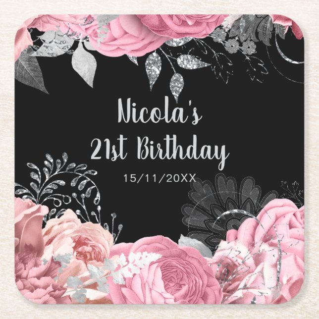 Posavasos Cuadrado De Papel Elegant Pink and Silver Flowers Birthday Party  (Anverso)