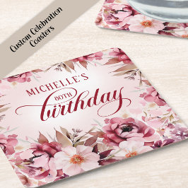 Posavasos Cuadrado De Papel Elegant Pink Burgundy Floral 80th Birthday