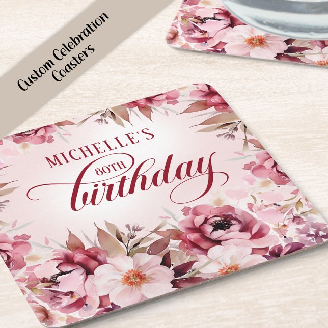 Posavasos Cuadrado De Papel Elegant Pink Burgundy Floral 80th Birthday (Burgundy and. pink watercolor floral birthday party paper coaster)