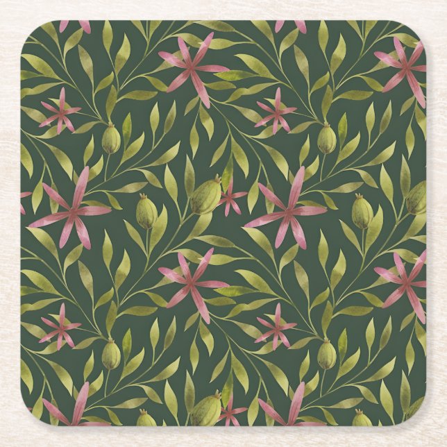 Posavasos Cuadrado De Papel Elegant Pink Flower Pattern on Dark Background (Anverso)