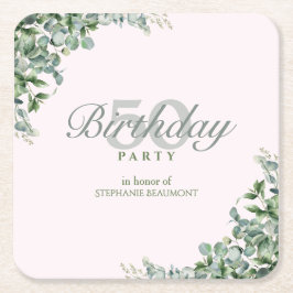 Posavasos Cuadrado De Papel Elegant Pink Green Flower Women's 50th Birthday 