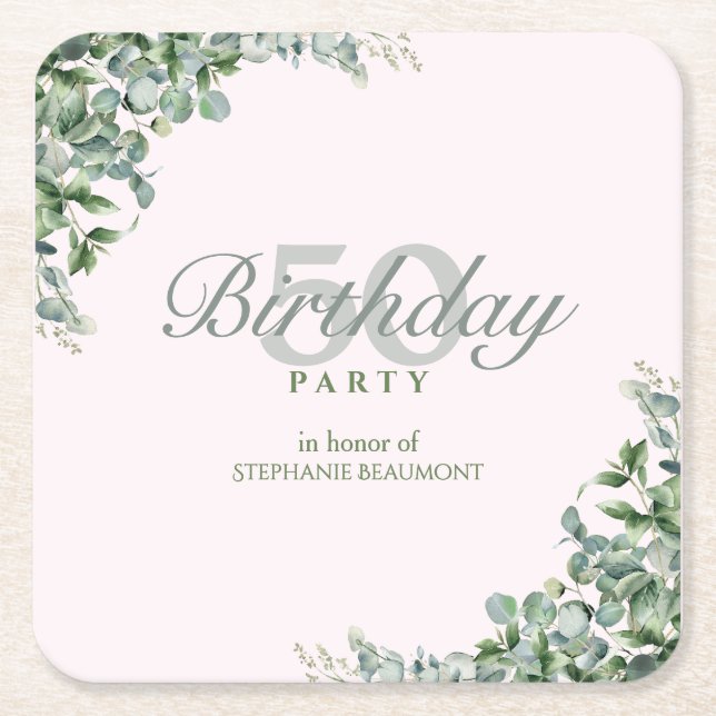 Posavasos Cuadrado De Papel Elegant Pink Green Flower Women's 50th Birthday  (Anverso)