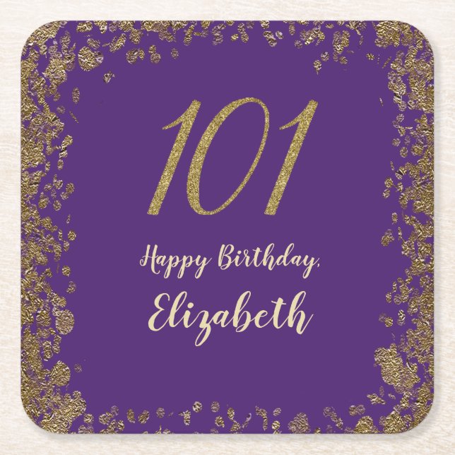 Posavasos Cuadrado De Papel Elegant Purple and Gold 101st Birthday (Anverso)