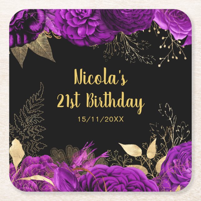 Posavasos Cuadrado De Papel Elegant Purple and Gold Flowers Birthday Party  (Anverso)