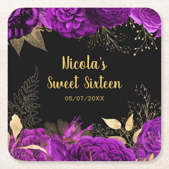 Posavasos Cuadrado De Papel Elegant Purple and Gold Flowers Sweet Sixteen  (Anverso)
