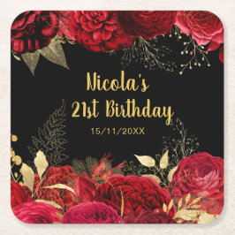 Posavasos Cuadrado De Papel Elegant Red and Gold Flowers Birthday Party 