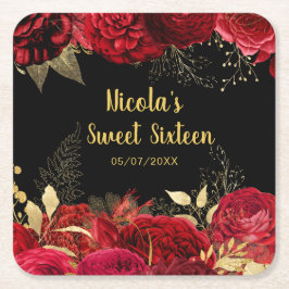 Posavasos Cuadrado De Papel Elegant Red and Gold Flowers Sweet Sixteen 