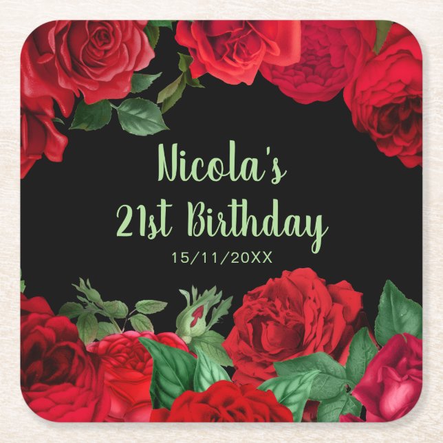 Posavasos Cuadrado De Papel Elegant Red Roses Flowers Birthday Party (Anverso)