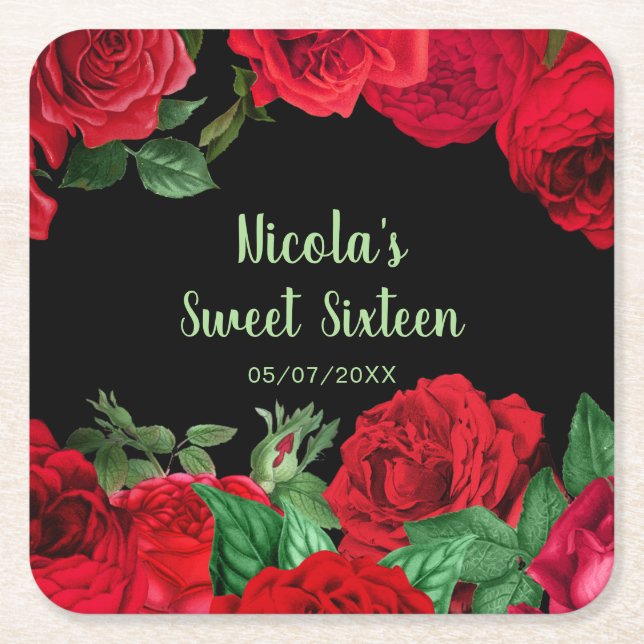 Posavasos Cuadrado De Papel Elegant Red Roses Flowers Sweet Sixteen (Anverso)