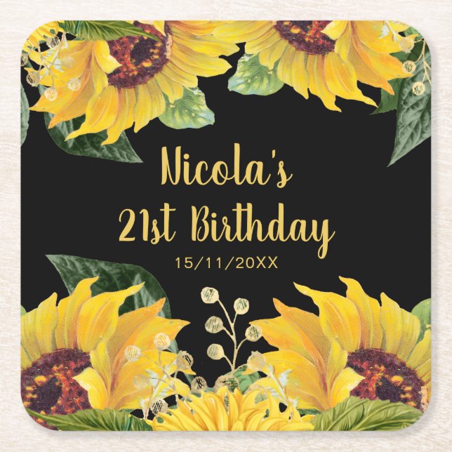 Posavasos Cuadrado De Papel Elegant Sunflowers and Foliage Birthday Party (Anverso)