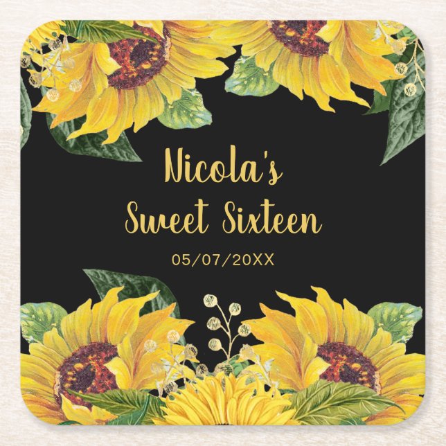 Posavasos Cuadrado De Papel Elegant Sunflowers and Foliage Sweet Sixteen (Anverso)