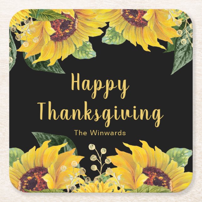 Posavasos Cuadrado De Papel Elegant Sunflowers and Foliage Thanksgiving Party (Anverso)