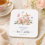 Posavasos Cuadrado De Papel Elegant Tea Party Butterflies Bridal Shower<br><div class="desc">An elegant design featuring colorful butterflies,  dragonflies,  a teapot and tea cups. You can simply change the details or customize it by adding your own graphics or designs.</div>