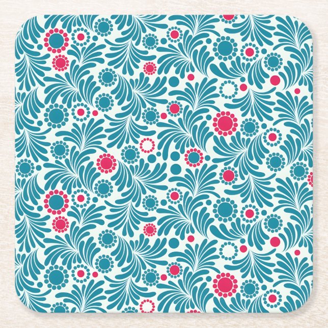 Posavasos Cuadrado De Papel Elegant Teal and Magenta Foliage Pattern (Anverso)