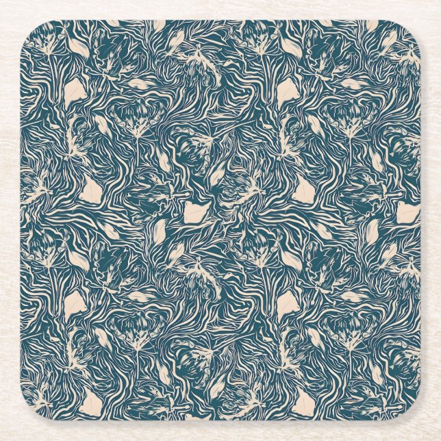 Posavasos Cuadrado De Papel Elegant Teal Botanical Swirl Seamless Pattern (Anverso)