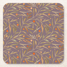 Posavasos Cuadrado De Papel Elegant Watercolor Leaf Pattern  Purple Background