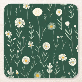 Posavasos Cuadrado De Papel Elegant Wildflower Pattern on Dark Green 