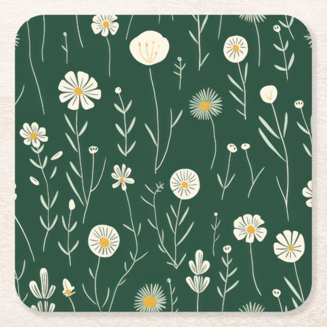 Posavasos Cuadrado De Papel Elegant Wildflower Pattern on Dark Green  (Anverso)