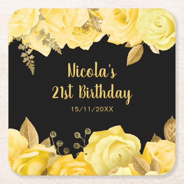Posavasos Cuadrado De Papel Elegant Yellow and Gold Flowers Birthday Party (Anverso)