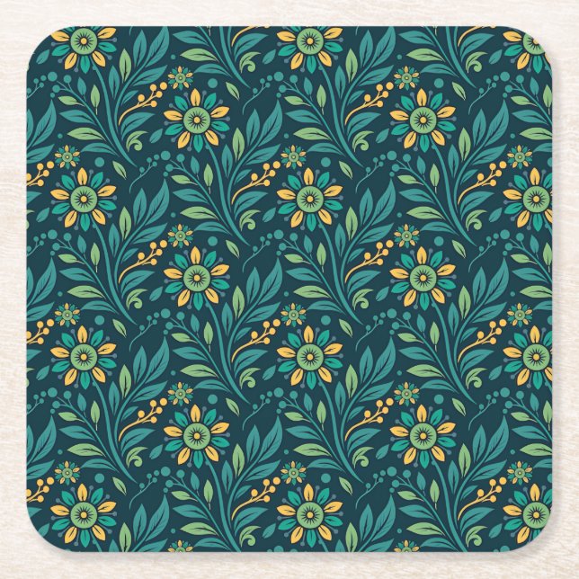 Posavasos Cuadrado De Papel Elegant Yellow and Teal Floral Pattern Design (Anverso)