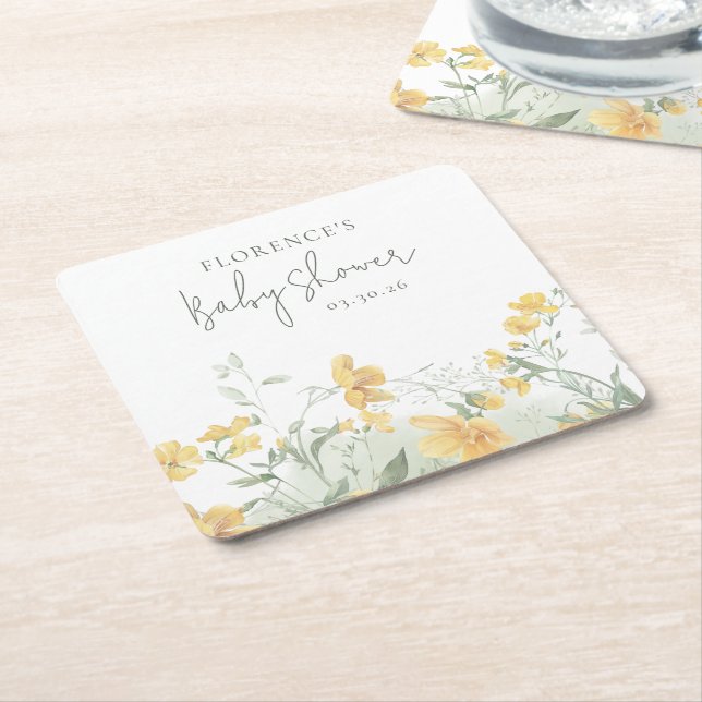 Posavasos Cuadrado De Papel Elegant Yellow Floral Baby Shower (En perspectiva)
