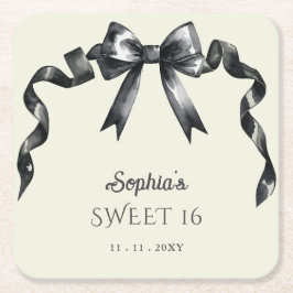 Posavasos Cuadrado De Papel Elegante acuarela Coquette Black Bow Sweet 16