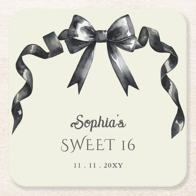Posavasos Cuadrado De Papel Elegante acuarela Coquette Black Bow Sweet 16 (Anverso)