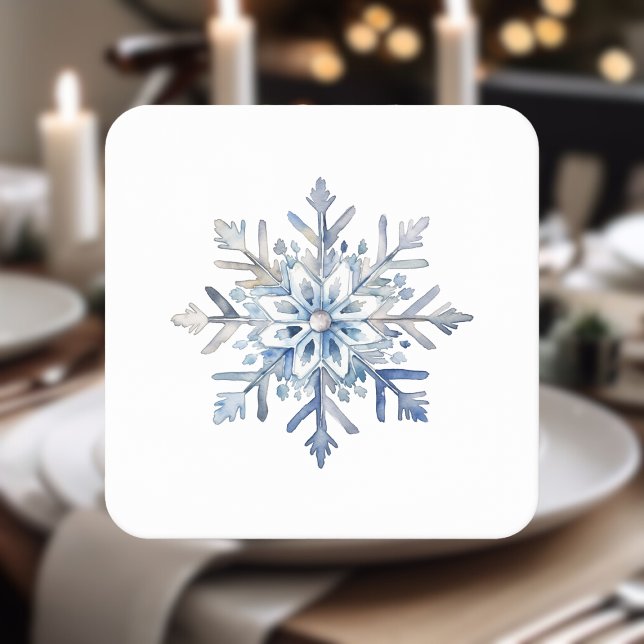 Posavasos Cuadrado De Papel Elegante acuarela de copo de nieve (Elegant Snowflake Watercolor Square Paper Coaster)