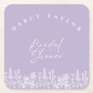 Posavasos Cuadrado De Papel elegante,acuarela,floral,ducha de novia lavanda