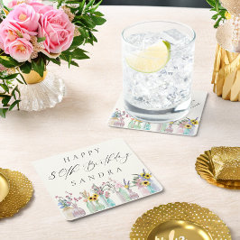 Posavasos Cuadrado De Papel Elegante acuarela Florals Feliz cumpleaños número