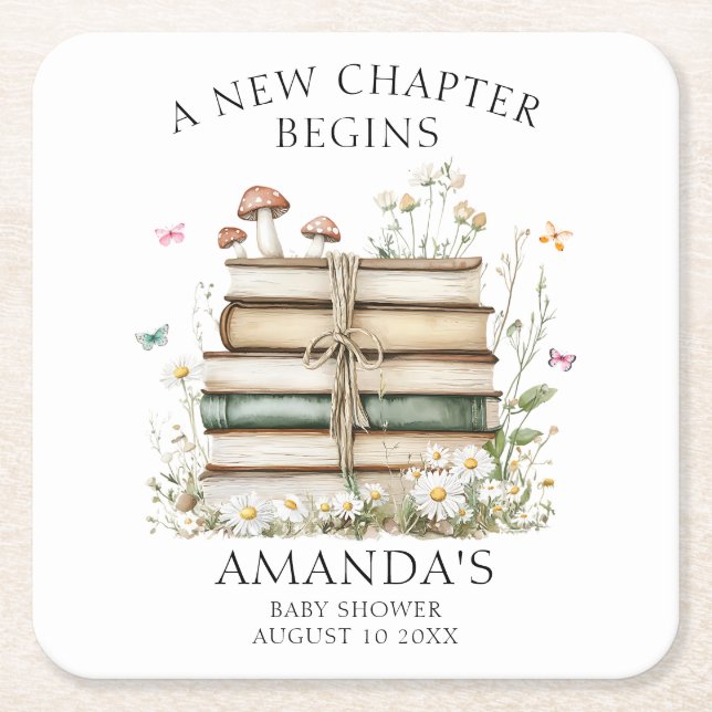 Posavasos Cuadrado De Papel Elegante acuarela Un nuevo capítulo de Baby Shower (Anverso)