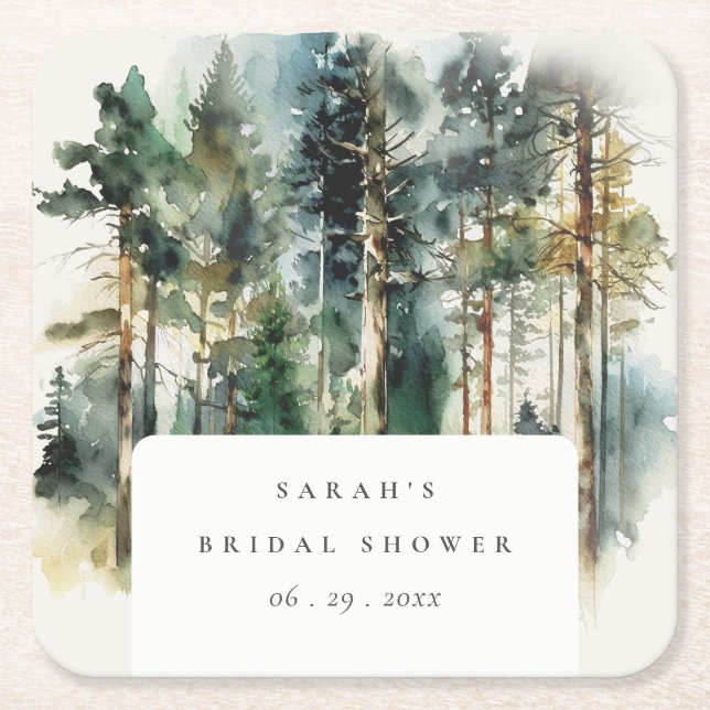 Posavasos Cuadrado De Papel Elegante acuarela Woodland Forest Bridal Shower (Anverso)
