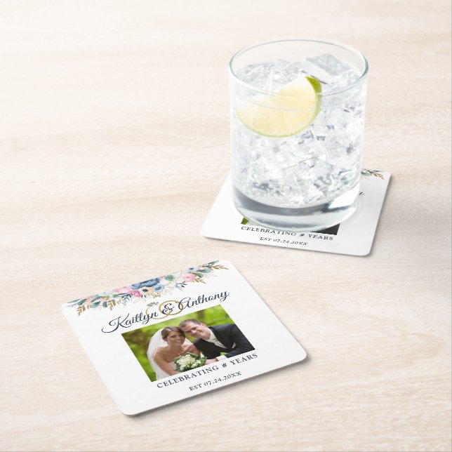 Posavasos Cuadrado De Papel Elegante Aniversario Anillos con foto de acuarela  (In situ)