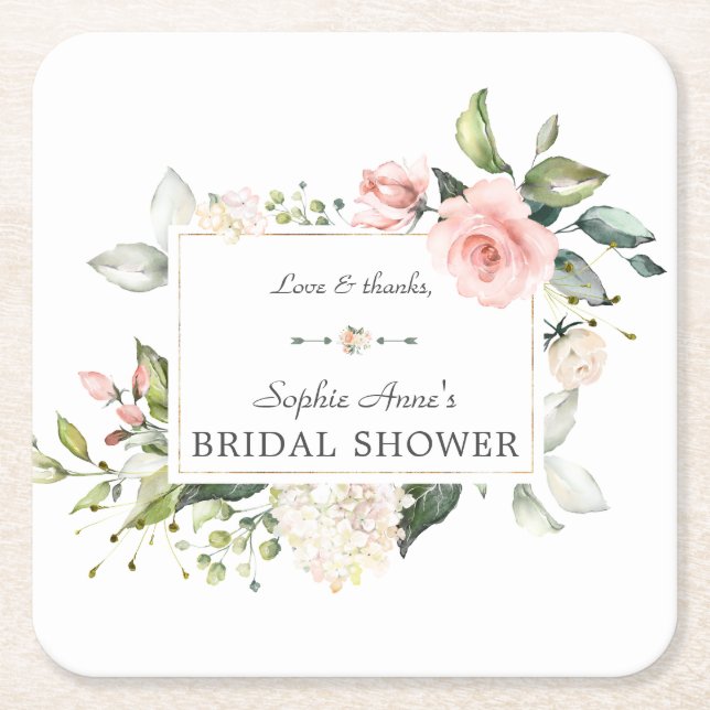 Posavasos Cuadrado De Papel Elegante Aquarela Rosa Desvanecido Floral Despedid (Anverso)