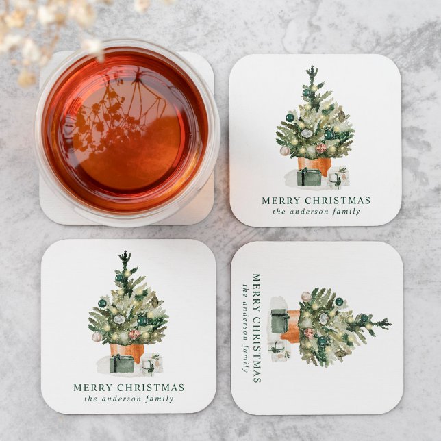 Posavasos Cuadrado De Papel Elegante Árbol de Navidad acuarela (Subido por el creador)